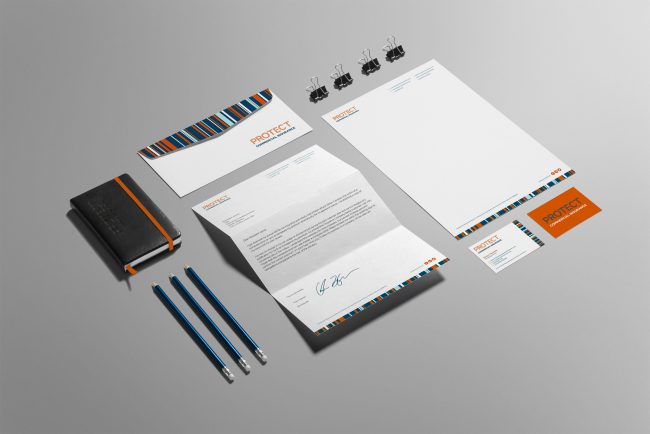 picture of stationary set with protect commercial branding