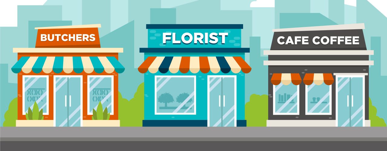 image of shops looking for retail insurance including a butchers, florist and coffee shop