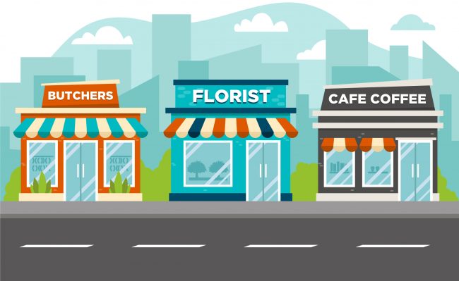 image of shops looking for retail insurance including a butchers, florist and coffee shop